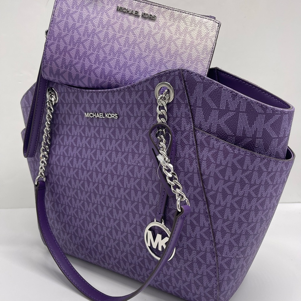 MICHAEL KORS JST Lg Chain Shoulder Tote & Double Zip Wristlet Wallet 
Dk Purple - Picture 13 of 16